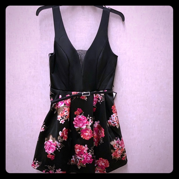 Crystal Doll Prom dress black satin with floral - Picture 2 of 8